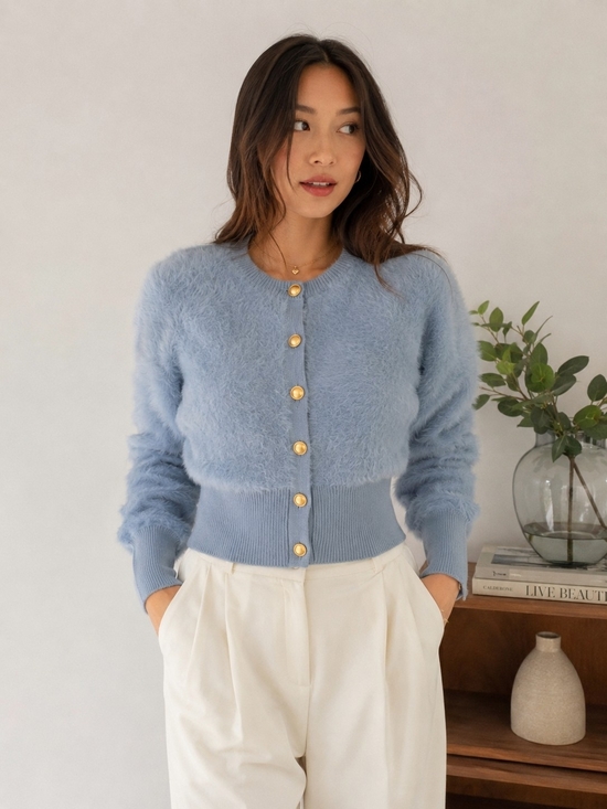 Bailey 44 Sweaters - Bailey 44 Powder Blue Fuzzy Button-Front Cardigan NWT Celine Dupe! Small